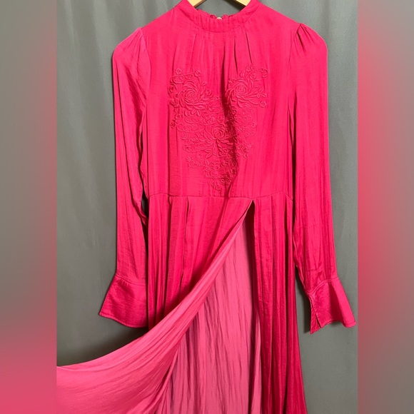 Free People XS Pink Floral Embroidered Long sleeve Hi-Neck Side Slit Dress - Picture 7 of 10